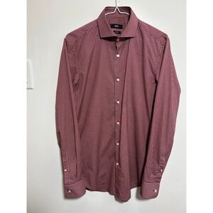 Hugo Boss Slim Fit Easy Iron Shirt Mens Burgundy White Gingham Dress Shirt Long